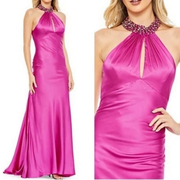 Mac Duggal Fuchsia Beaded Halter Neck Satin Mermaid Gown - Picture 1 of 8